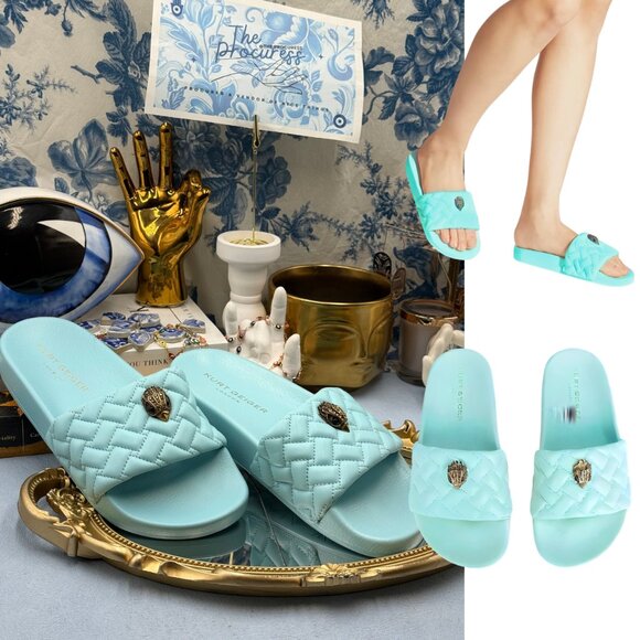 🆕 KURT GEIGER LONDON 🧿 NWOB Meena Eagle Quilted Slides, Blue - Sz EU 37 US 7 - Picture 1 of 14